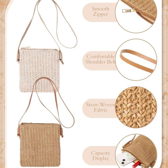 2 Pcs Straw Beach Bag for Women Summer Woven Shoulder Crossbody Handbag - Picture 3 of 7